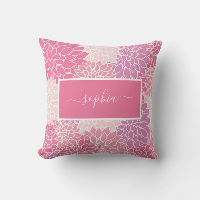 Modern Pink Dahlia Floral Pattern Script Name Throw Pillow (Front)