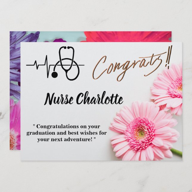 Modern Pink Daisy Floral Nurse Graduation Card (Front/Back)