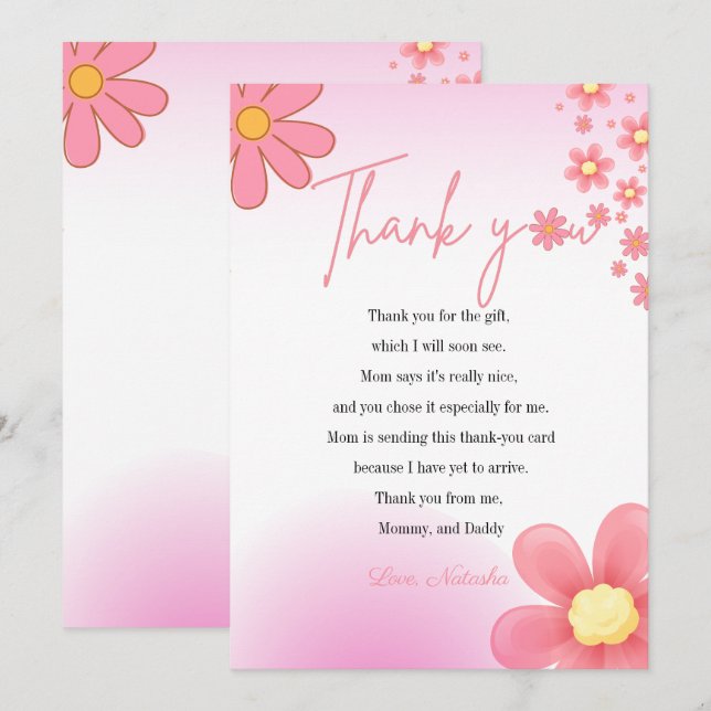 Modern  pink daisy themes baby shower thank you card (Front/Back)
