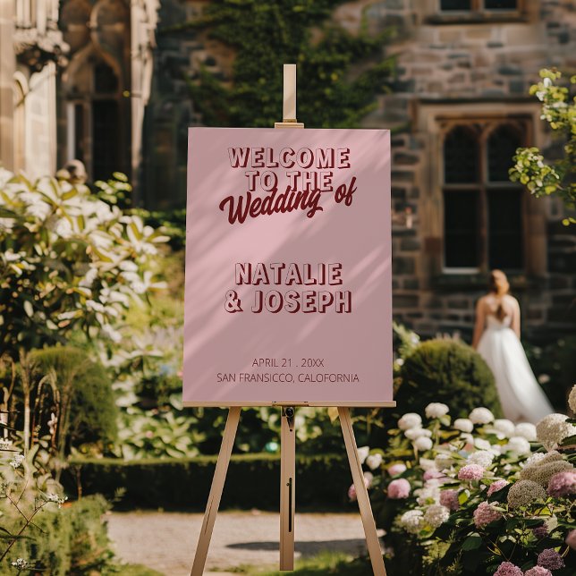Modern Pink Deep Red Retro Unique Wedding Welcome Foam Board (Creator Uploaded)