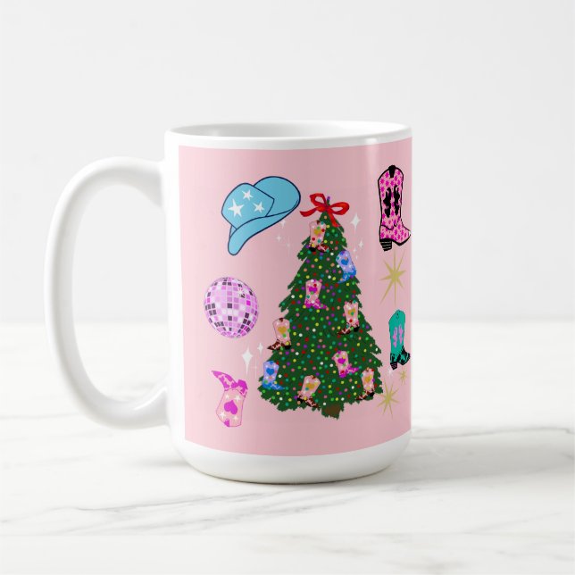 Modern Pink Disco Cowgirl Rodeo Christmas Tree  Coffee Mug (Left)