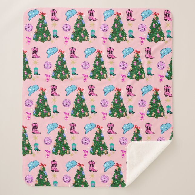 Modern Pink Disco Cowgirl Rodeo Christmas Tree  Sherpa Blanket (Front)