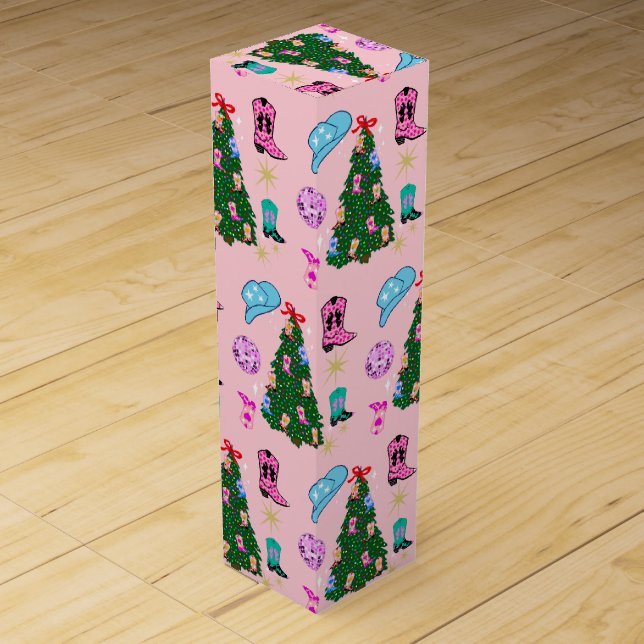 Modern Pink Disco Cowgirl Rodeo Christmas Tree  Wine Box (Front)