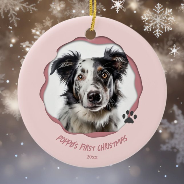 Modern Pink Dog First Christmas Ceramic Ornament (Creator Uploaded)