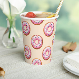 Modern Pink Donuts Pattern With Name Paper Cups