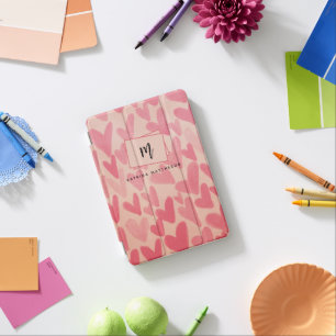 Modern Pink Doodle Hearts Monogrammed   iPad Mini Cover