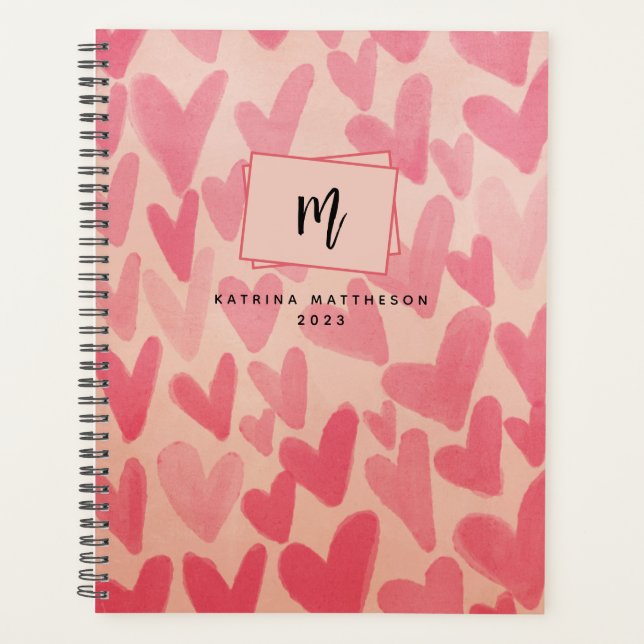 Modern Pink Doodle Hearts Monogrammed   Planner (Front)