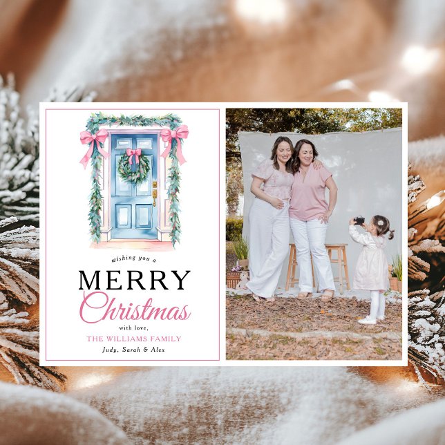 Modern Pink Door Merry Christmas  Photo Holiday Card (Creator Uploaded)