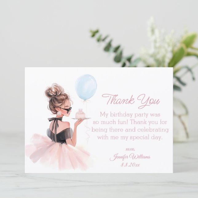 Modern Pink Dress Girl’s Birthday Thank You Note Card (Standing Front)