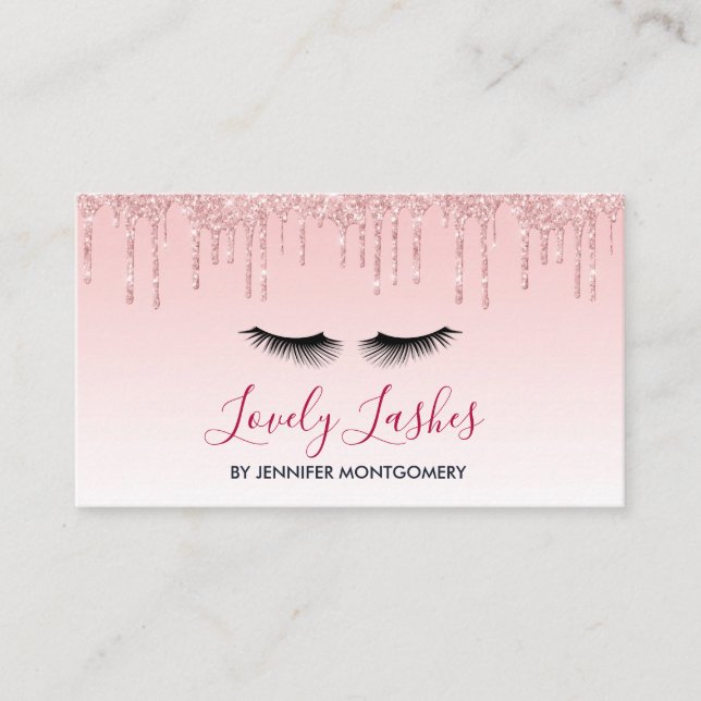 Modern Pink Dripping Glitter & Black Eyelashes Business Card (Front)