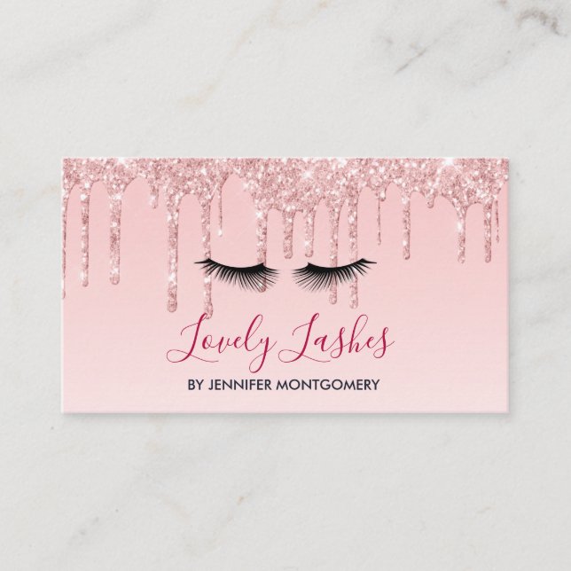 Modern Pink Dripping Glitter & Black Eyelashes Business Card (Front)