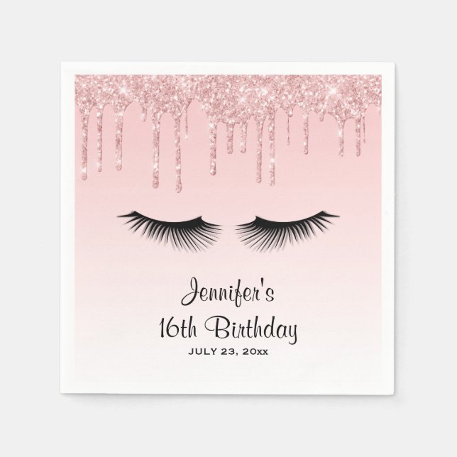 Modern Pink Dripping Glitter & Eyelashes Napkins (Front)
