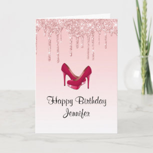 Modern Pink Dripping Glitter High Heels  Birthday Card