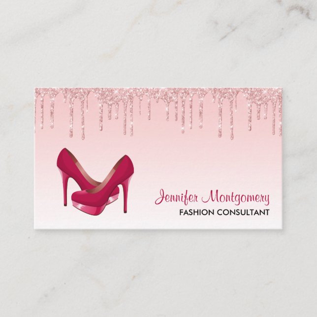 Modern Pink Dripping Glitter & High Heels Business Card (Front)