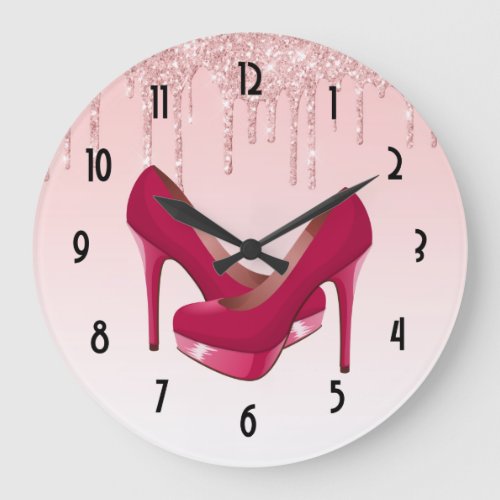 Modern Pink Dripping Glitter  High Heels Large Clock