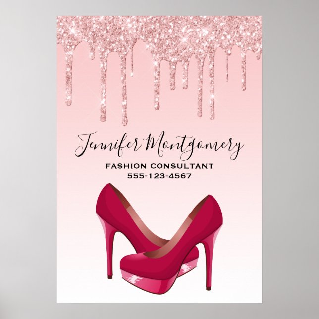 Modern Pink Dripping Glitter & High Heels Poster (Front)