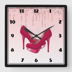 Modern Pink Dripping Glitter & High Heels Square Wall Clock