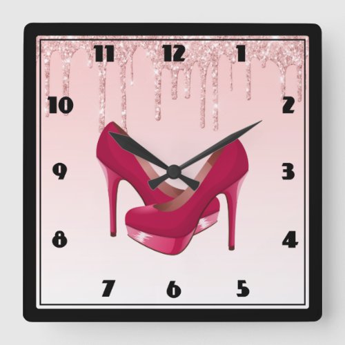 Modern Pink Dripping Glitter  High Heels Square Wall Clock