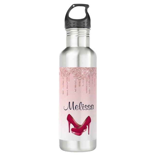 Modern Pink Dripping Glitter & High Heels Stainless Steel Water Bottle (Front)