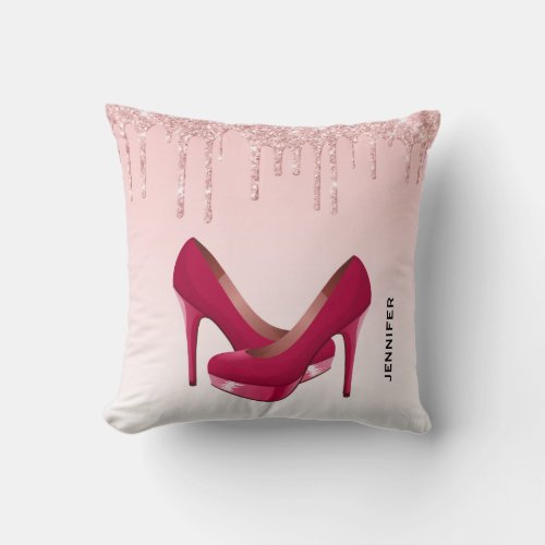 Modern Pink Dripping Glitter  High Heels Throw Pillow