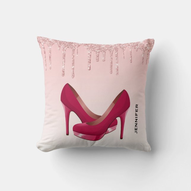 Modern Pink Dripping Glitter & High Heels Throw Pillow (Front)