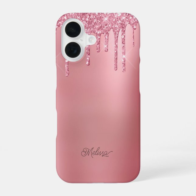 Modern Pink Dripping Glitter Personalize Name iPhone Case (Back)