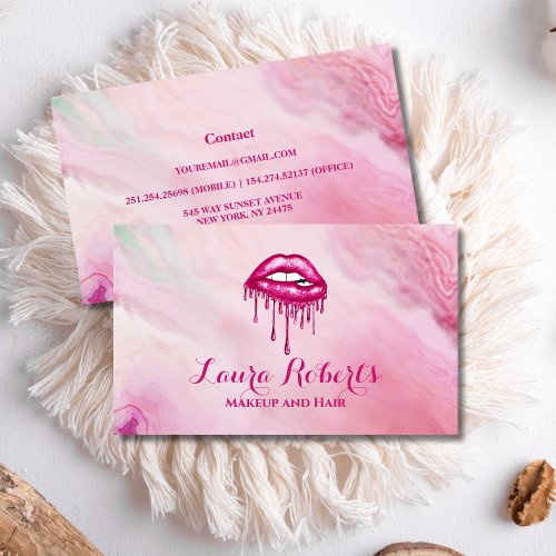Modern Pink Dripping Lips Makeup Artist Business Card