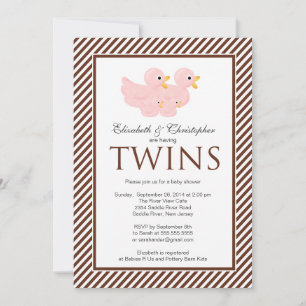 Modern Pink Ducks Couple Twins Baby Shower Invitation