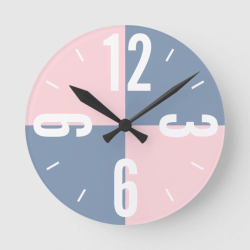 Modern pink dusty blue color blocks large numbers round clock