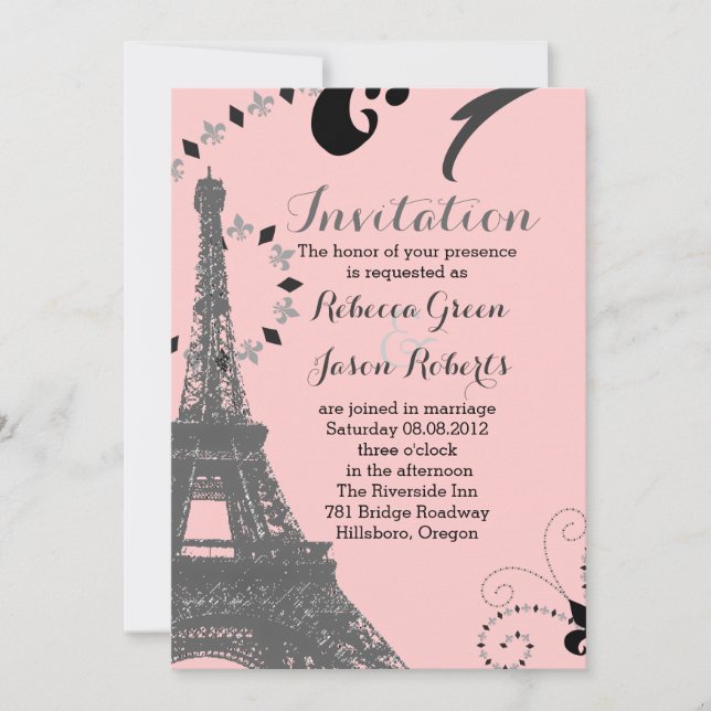 modern pink eiffel tower vintage paris wedding invitation (Front)