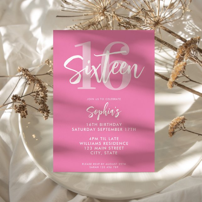 Modern Pink Elegant 16th Birthday Invitation (Modern Pink Elegant 16th Birthday Invitation)