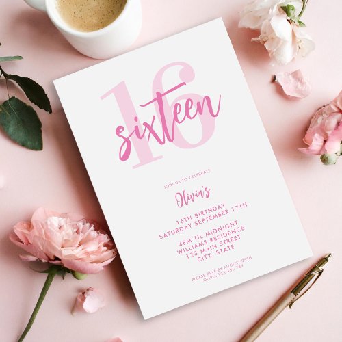 Modern Pink Elegant 16th Birthday Invitation