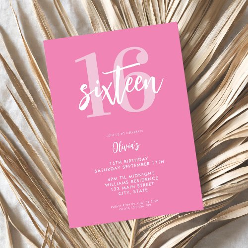 Modern Pink Elegant 16th Birthday Invitation