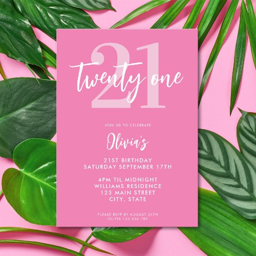 Modern Pink Elegant 21st Birthday Invitation