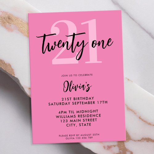 Modern Pink Elegant 21st Birthday Invitation