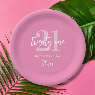 Modern Pink Elegant 21st Birthday Paper Plates