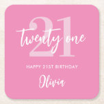 Modern Pink Elegant 21st Birthday Square Paper Coaster<br><div class="desc">A simple modern 21st birthday party coasters featuring elegant calligraphy script typography and minimalist design in pink and white color.</div>
