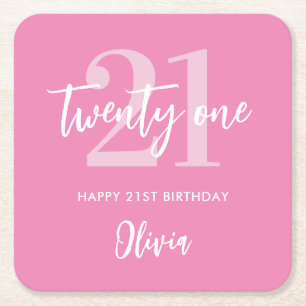 Modern Pink Elegant 21st Birthday Square Paper Coaster