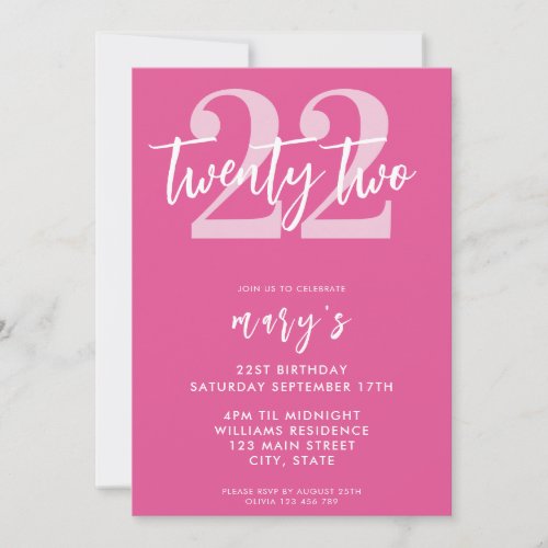 Modern pink elegant 22nd birthday invitation