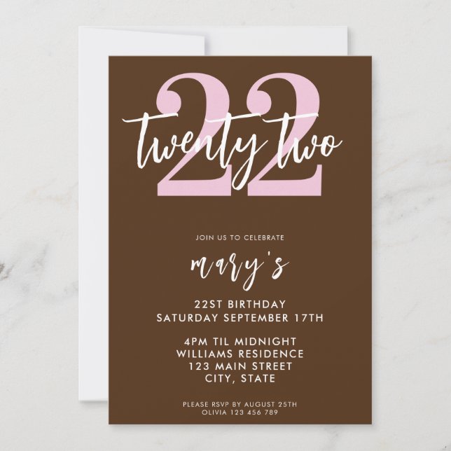 Modern pink elegant 22nd birthday invitation (Front)