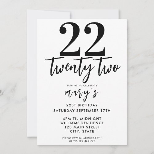 Modern pink elegant 22nd birthday invitation