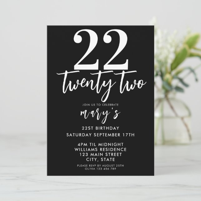 Modern pink elegant 22nd birthday invitation (Standing Front)