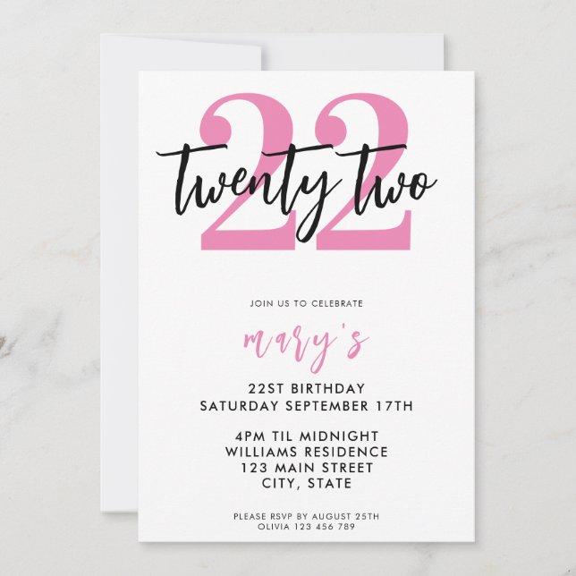 Modern pink elegant 22nd birthday invitation (Front)