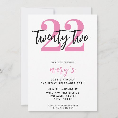 Modern pink elegant 22nd birthday invitation
