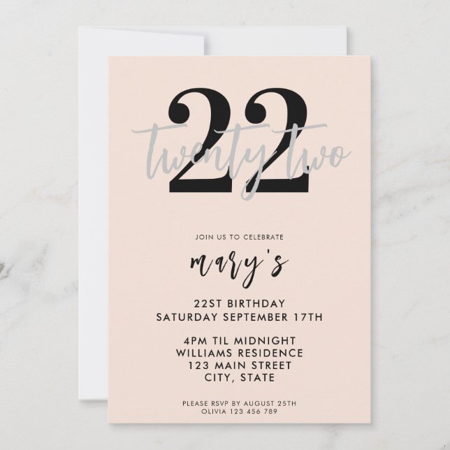 Modern pink elegant 22nd birthday invitation (Front)