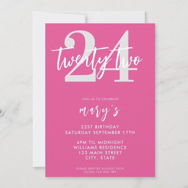 Modern pink elegant 24nd birthday invitation (Front)