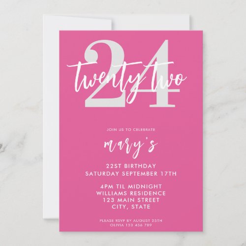 Modern pink elegant 24nd birthday invitation