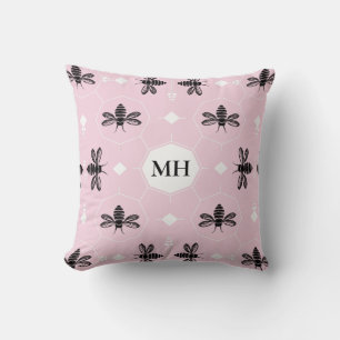 Modern Pink Elegant Black Bee Pattern Monogram Throw Pillow
