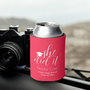 Modern Pink Elegant Minimal She Did It Grad Party Can Cooler
