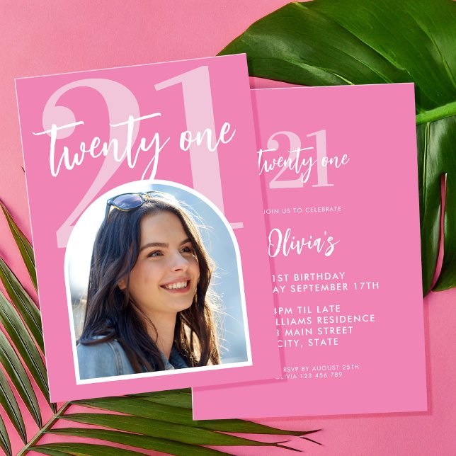 Modern Pink Elegant Photo 21st Birthday Invitation (Creator Uploaded)